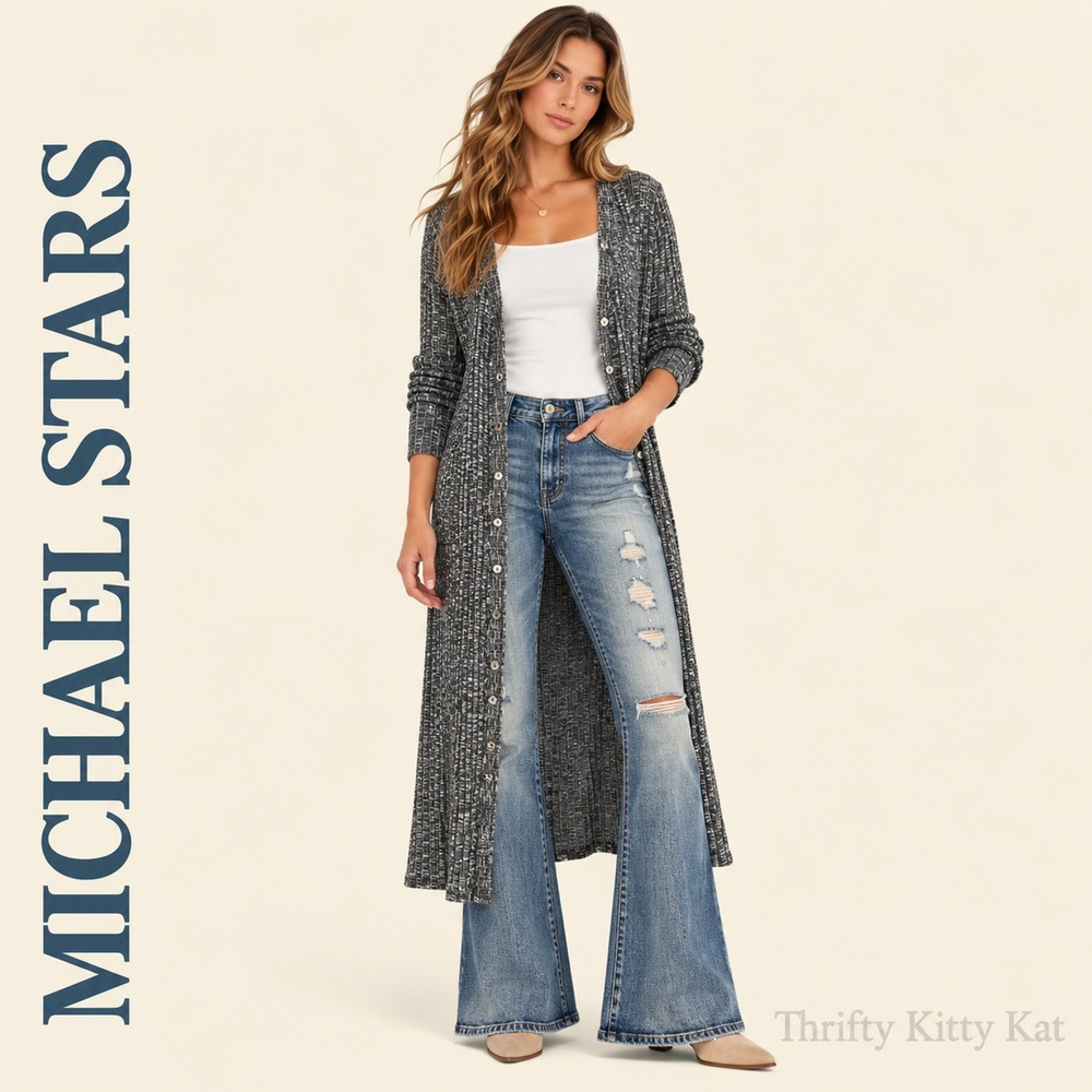 Michael Stars Isa Luxe Jasper Ribbed Duster Cardigan Dress Black Marl Belted 2X
